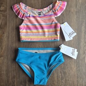 NWT Tea Collection Island Sunset Stripe Ruffle Tankini Top & Blue Bikini Bottoms